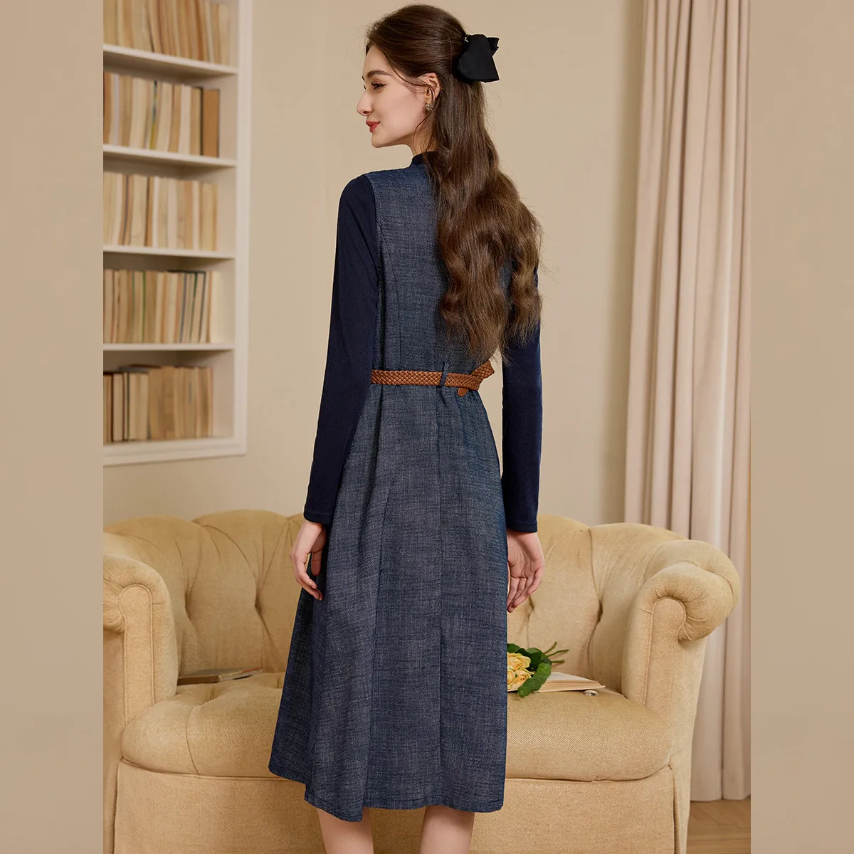 LOUIS YAO T-shirt met lange mouwen en denimjurk, tweedelige set 2025, herfst, afneembare riem, hoge kraag, top, damesset