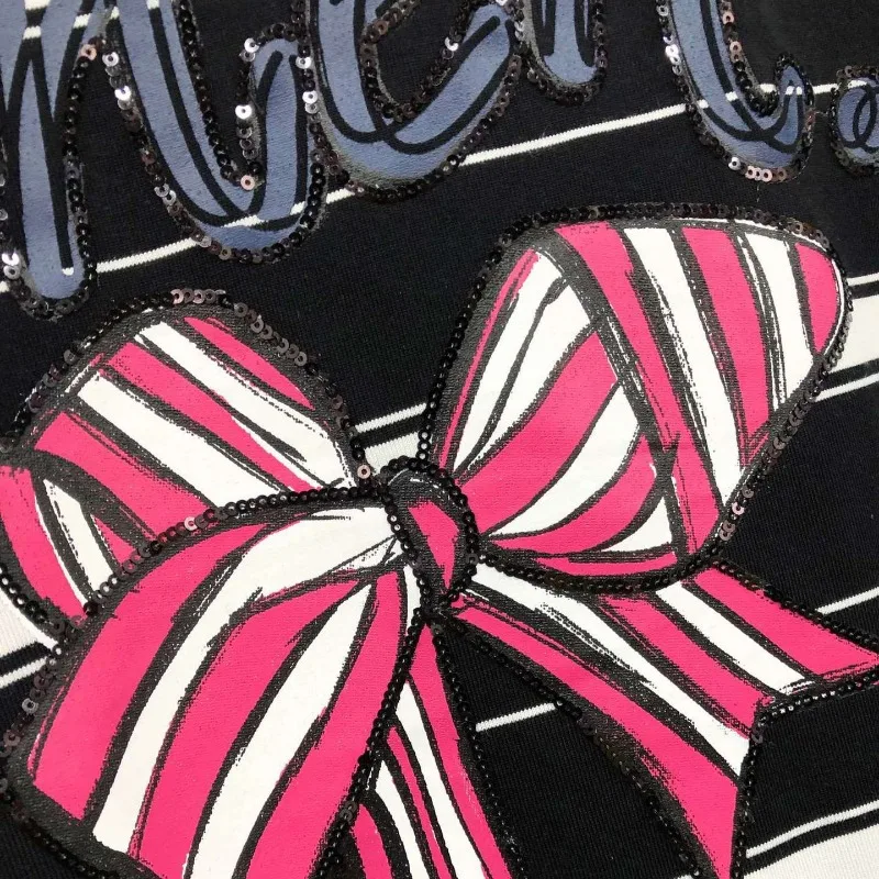 American Retro Style Bow Bead Printing Long Dresses Fashion Loose Design Striped Short-sleeved T-shirt Dress For Women's Clothes