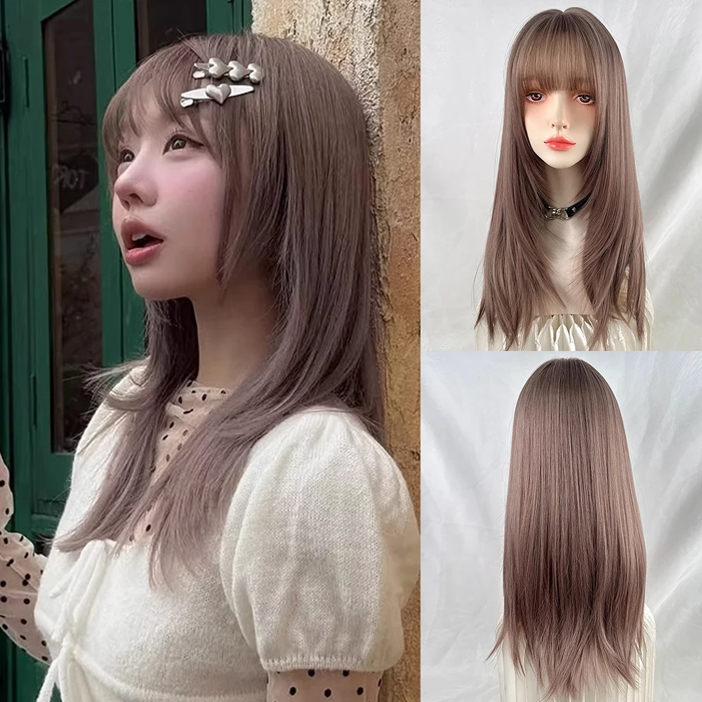 

Synthetic Long Straight Gray Brown Wigs with Bangs Fluffy Lolita Cosplay Heat Resistant Wig for Daily Party