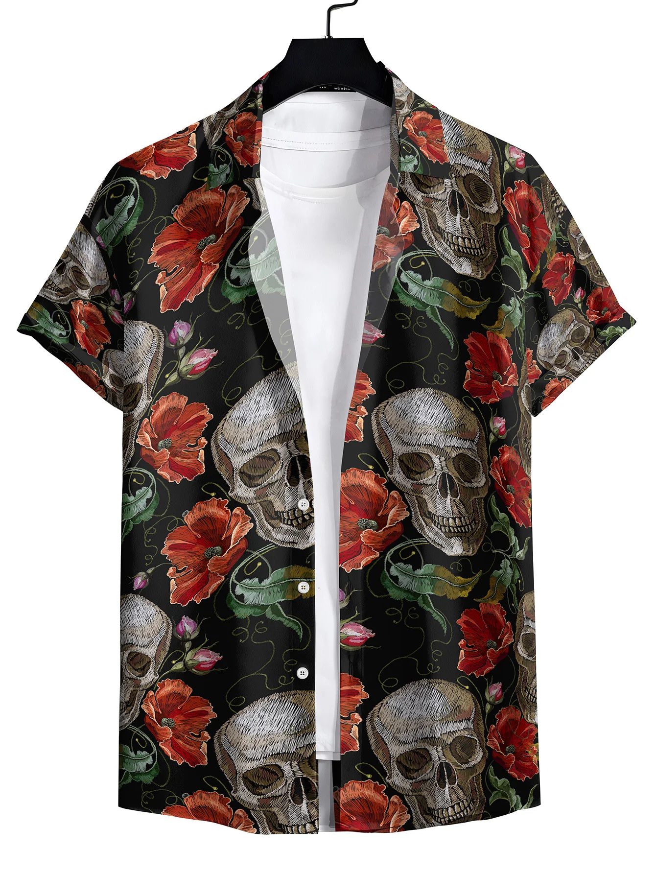 Skull Men\'s Hawaiian Shirts, Summer Beach Casual Short Sleeve Button Down Shirts, Tropical Holiday Beach Shirts with Pocket