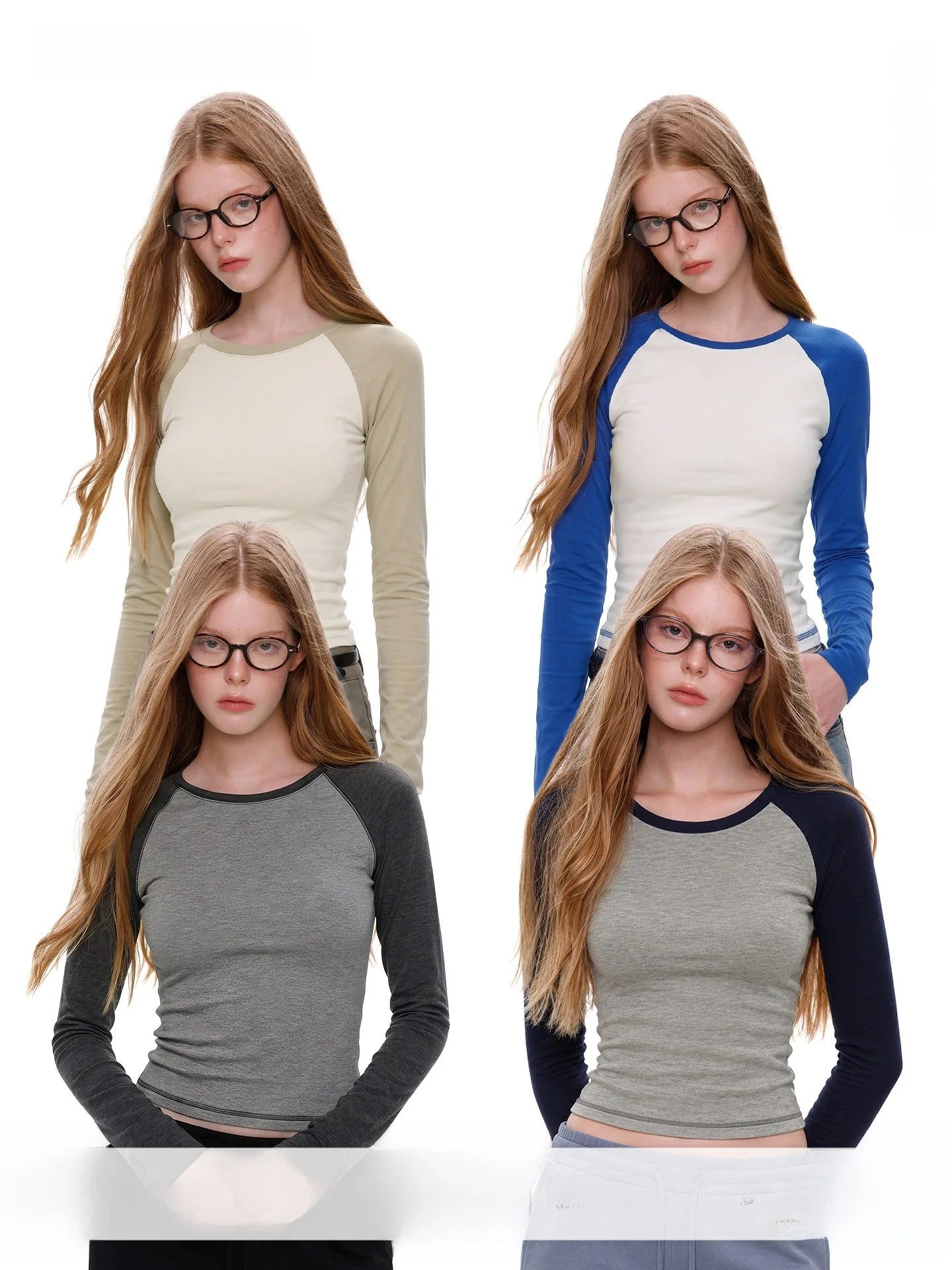 UNCMHISEX American Color Block Slim Fit Long Sleeve Women's T-shirt Waist Cinching Shoulder Width Regular round Neck Base Shirt
