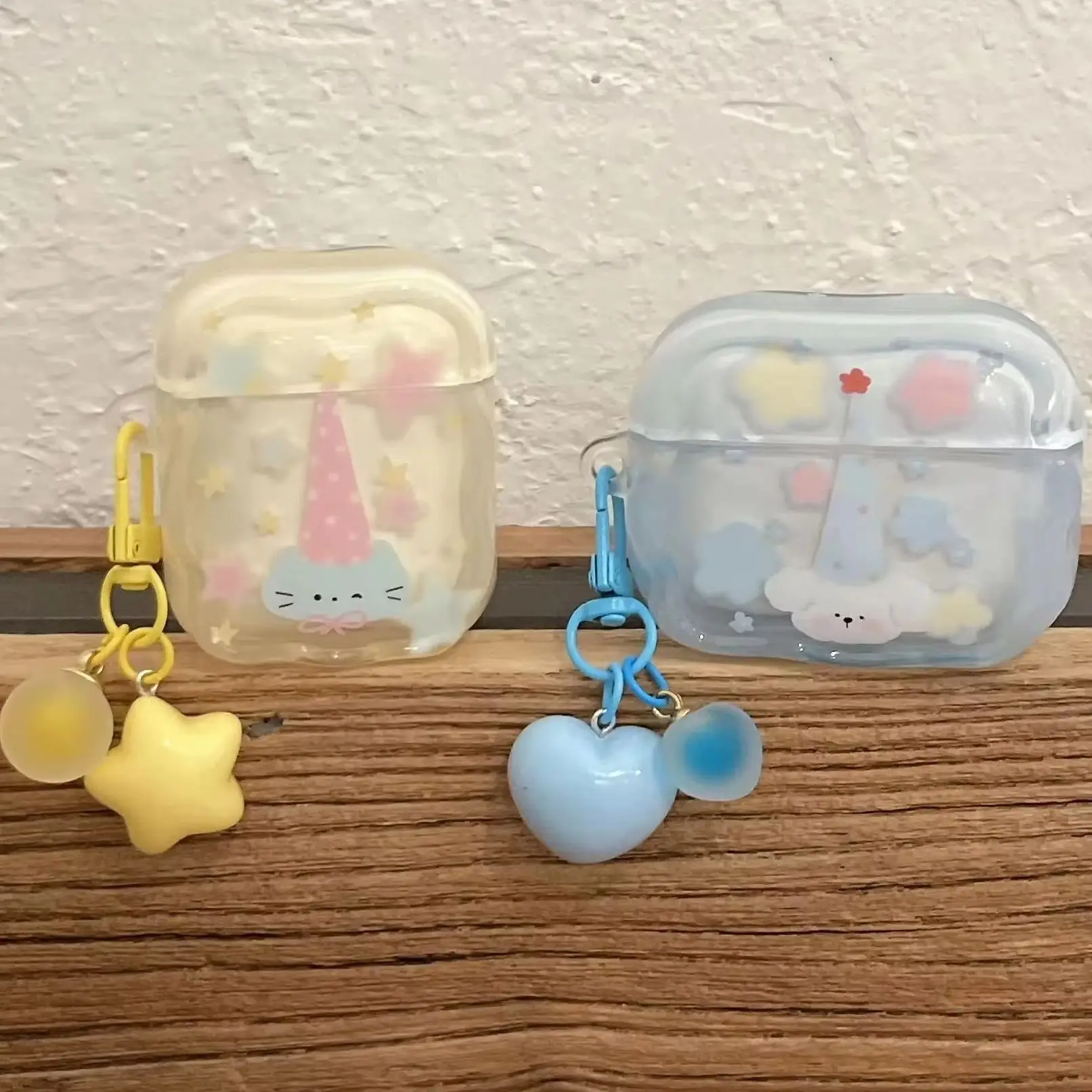 Cute Cat Puppy Colorful Star Flower Transparent Yellow Blue Earphone Cover Case For AirPods 1 2 3 4 5 Pro Pro2 Pro3 with Pendant