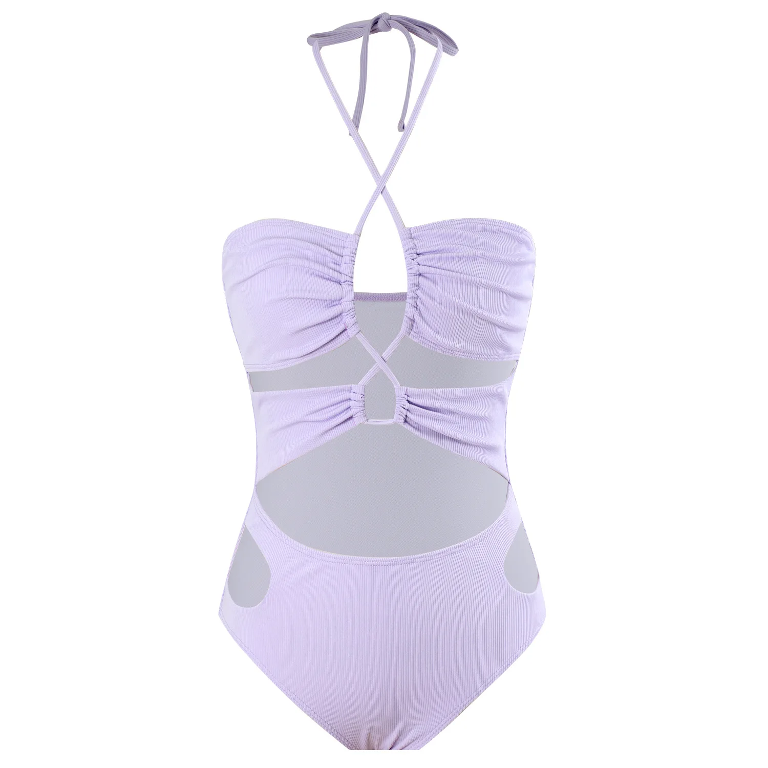 Traje de baño de una pieza acanalado lila para mujer, monokini con control de barriga y recorte lateral sexy, traje de baño para playa con correas ajustables