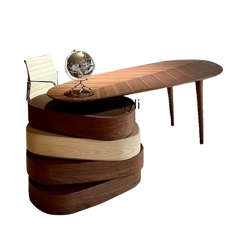 SS Italian desk solid wood modern simple office, boss table walnut, retro rotating desk New Light Luxury