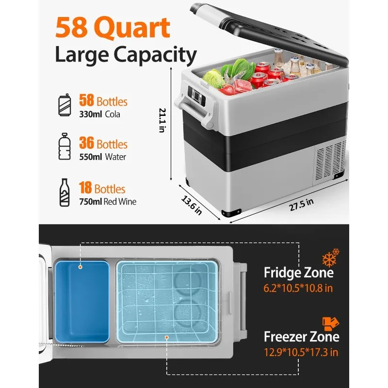 Frigorifero portatile da 12 Volt - Frigo elettrico da 58 Quart (55 L) con AC/DC per camion RV Van Camper, frigorifero per auto Fr