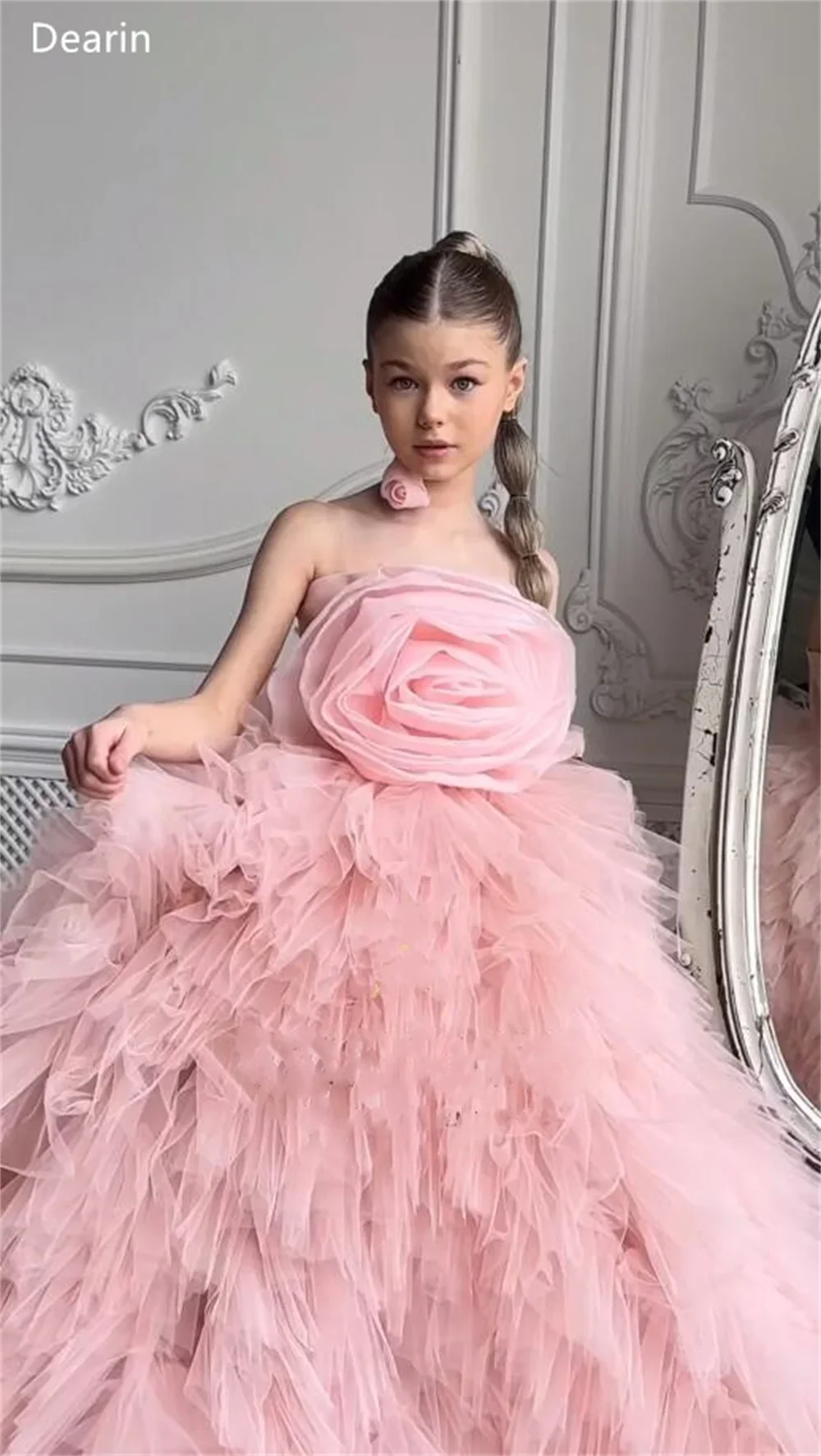 Customized Evening Dress Dearin Spaghetti Strap Ball Floor Length Skirts Tulle Layered Draped Sleeveless 3D Flower Girl Dresses