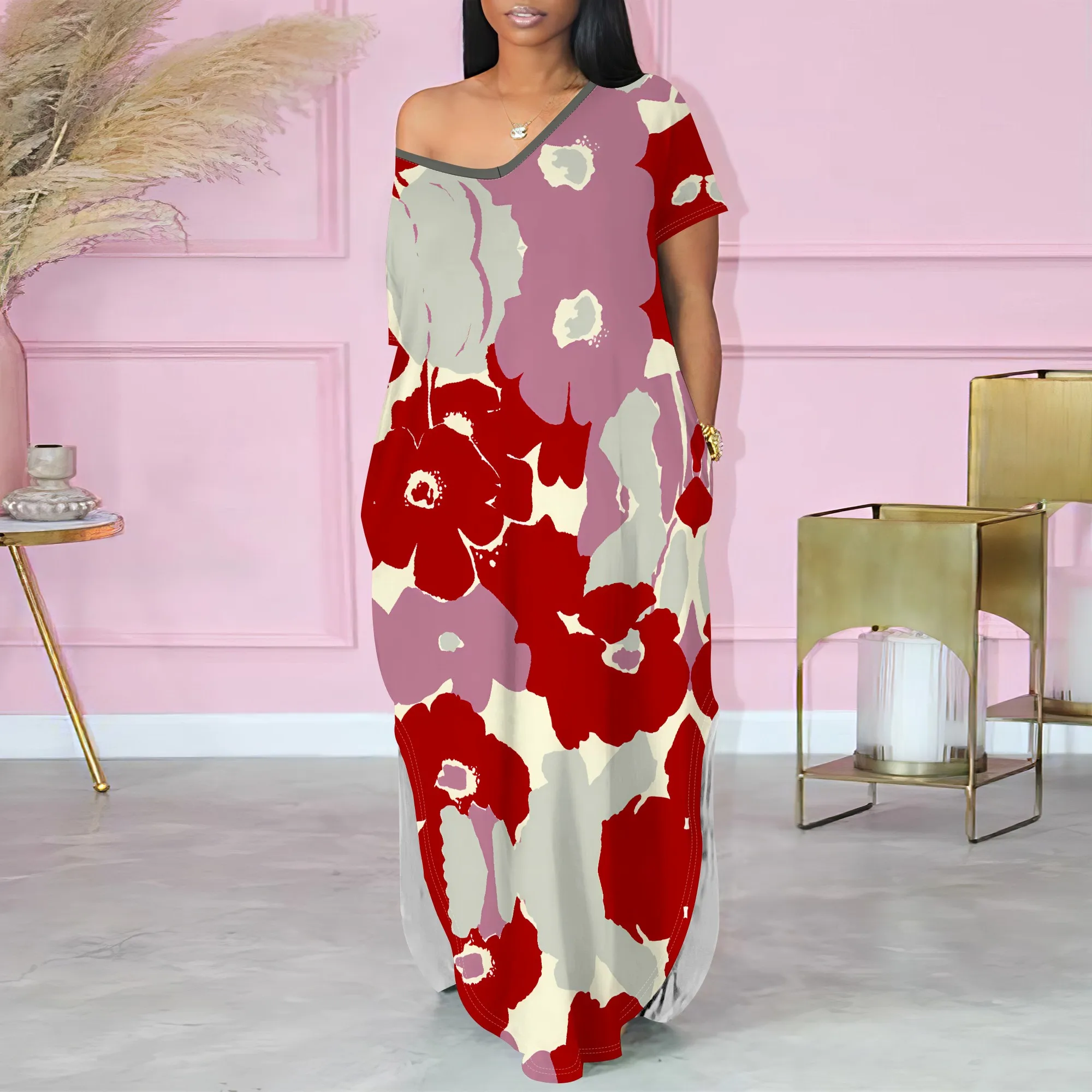 

Short-sleeved One-shoulder Two-side Slits Maxi Dress（Pocket）S-3XL