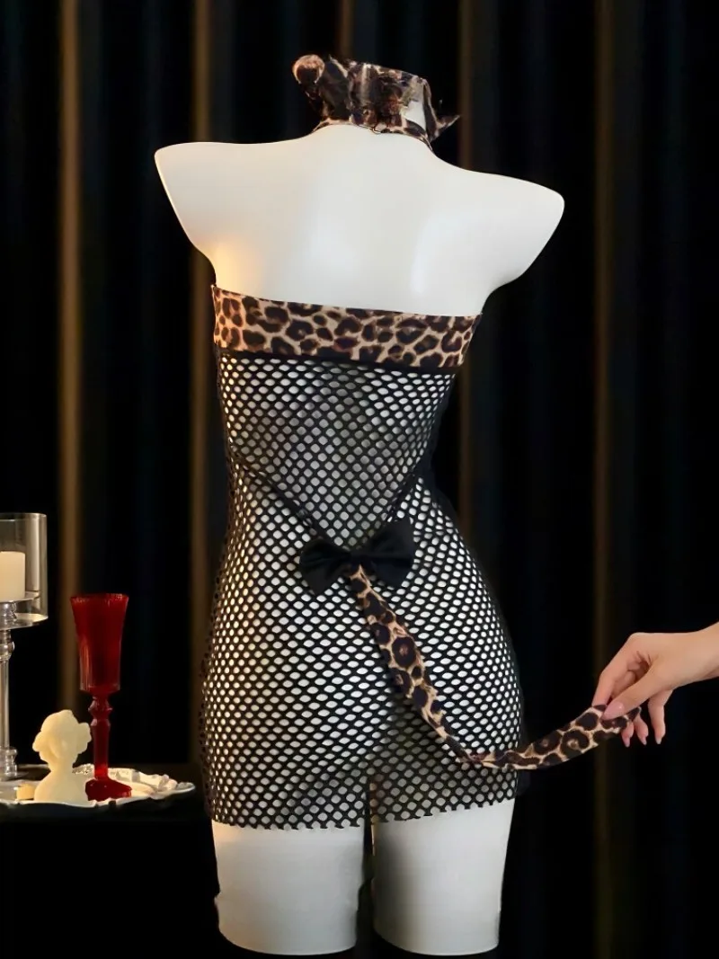 

Leopard Print Strapless Mesh Dress Women,Sexy See-through Body-hugging Nightwear,Pure Desire Bold Lingerie,Romantic Temptation