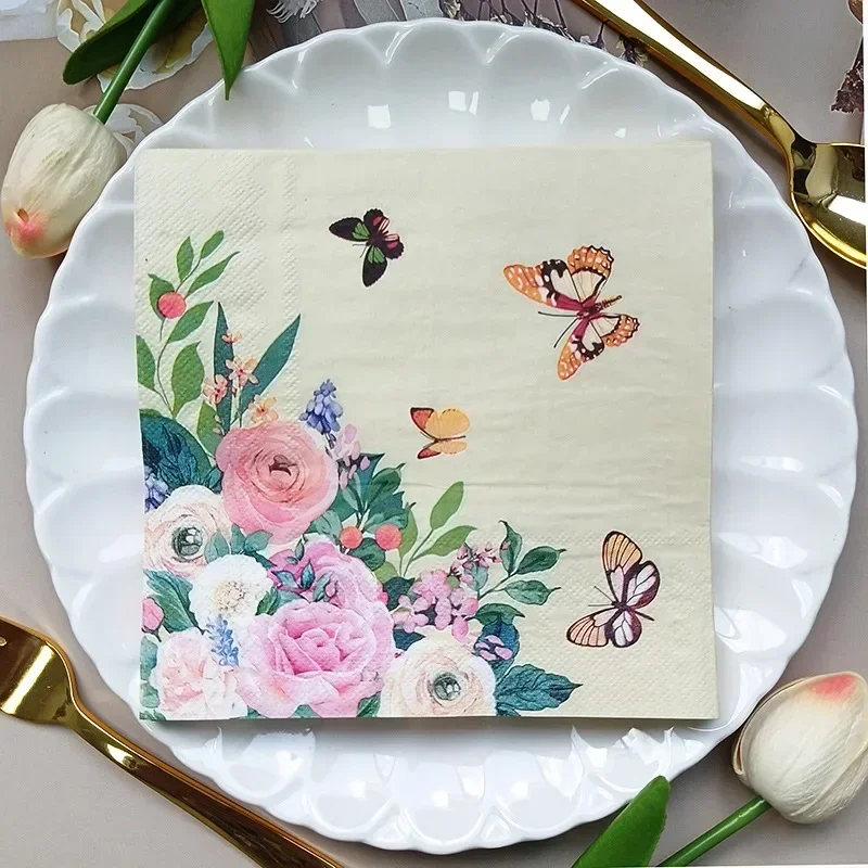 Party Ambience Decoration Paper Napkins Butterfly Floral Square Paper Placemats Butterfly Bone Bart Paper 2-Ply 10/20pcs 33*33cm