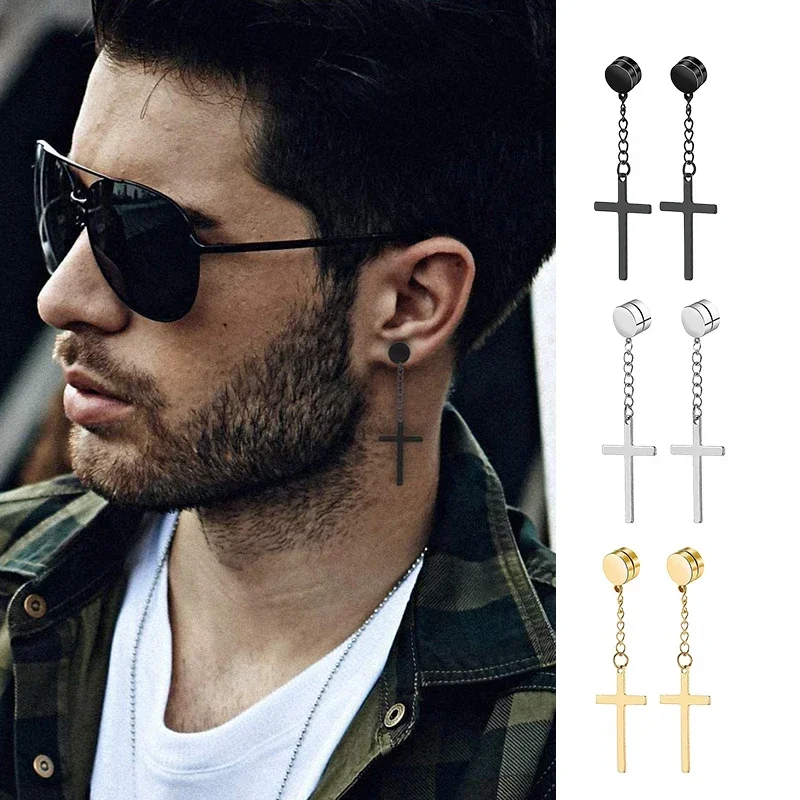 2pc Punk Mens Strong Magnet Magnetic Cross Ear Stud Set Non Piercing Earrings Fake Earrings Gift for Boyfriend Lover Jewelry view 4