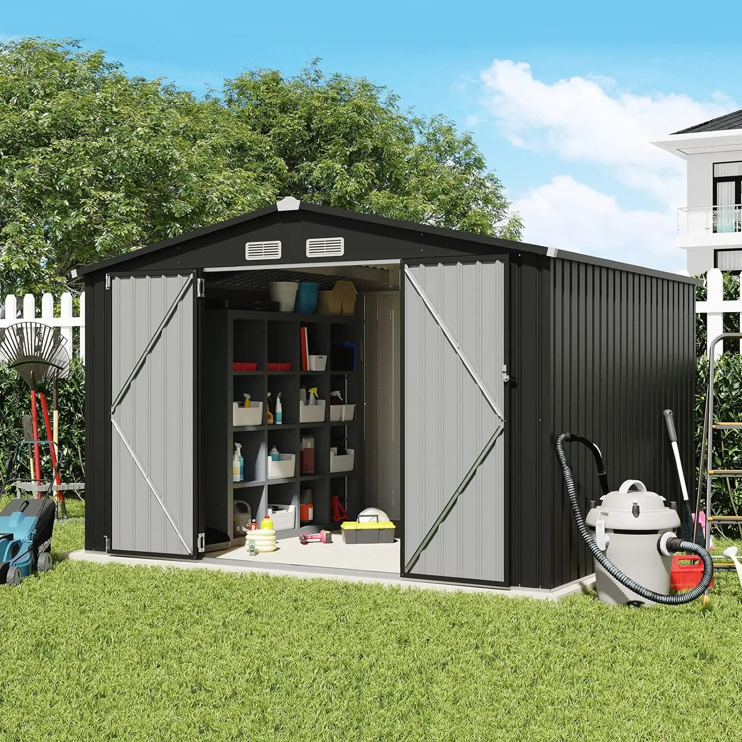 

8x10FT Outdoor Storage Shed, Large Galvanized Steel Metal Garden Shed, Double Door W/Lock, Outdoor Storage House