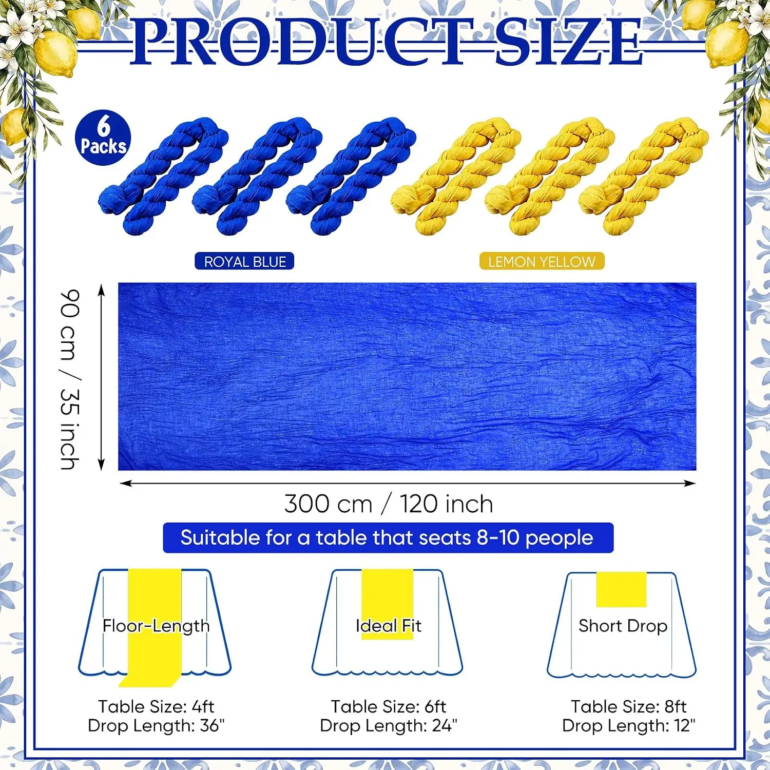 6pcs Wedding Cheesecloth Table Runner Royal Blue Lemon Yellow Gauze Rustic For Coast Wedding Bridal Baby Shower Party Decor