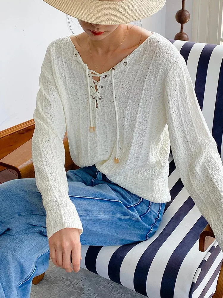 GypsyLady French Chic Knitted Sweater Blouse V-neck Lace Up Autumn Spring Long Sleeve Women Sweaters Autumn Ladies Jumpers New