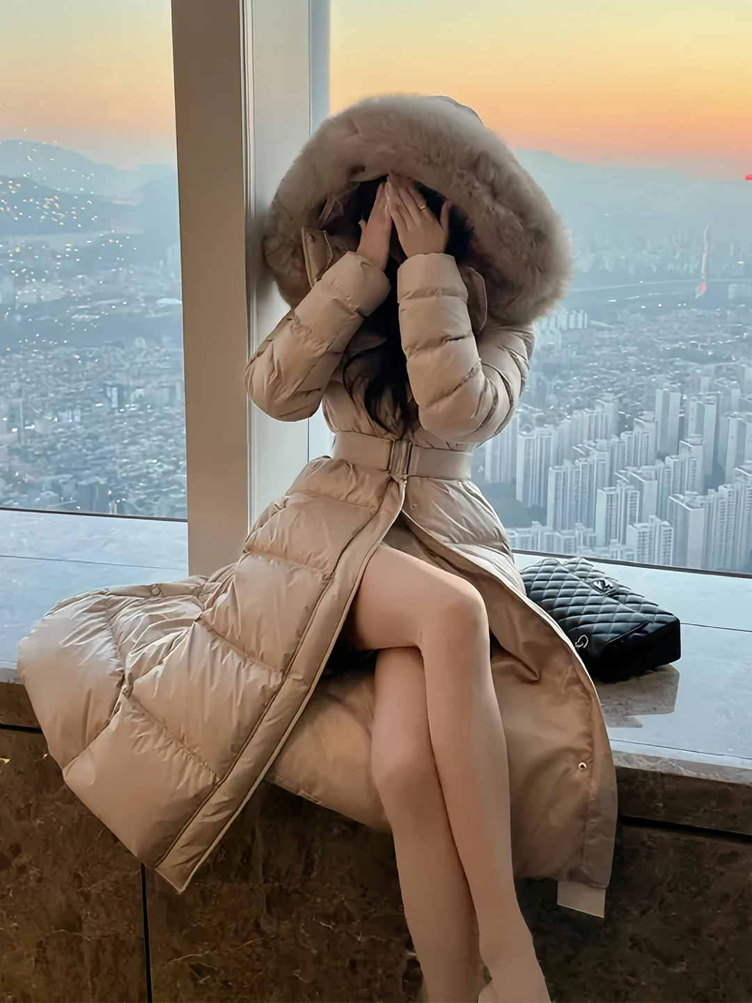 

Long White Du down Jaet Women's Winter Thi over Knee Fur Collar Waist Cinched ort Coat Korean Sle Commute Wind