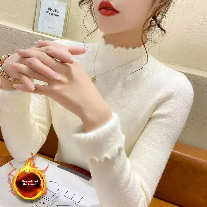 

Женская утолщенная бархатная базовая рубашка на флисовой подкладке, осень-зима, новый стиль, теплая универсальная футболка с высоким воротником, топ