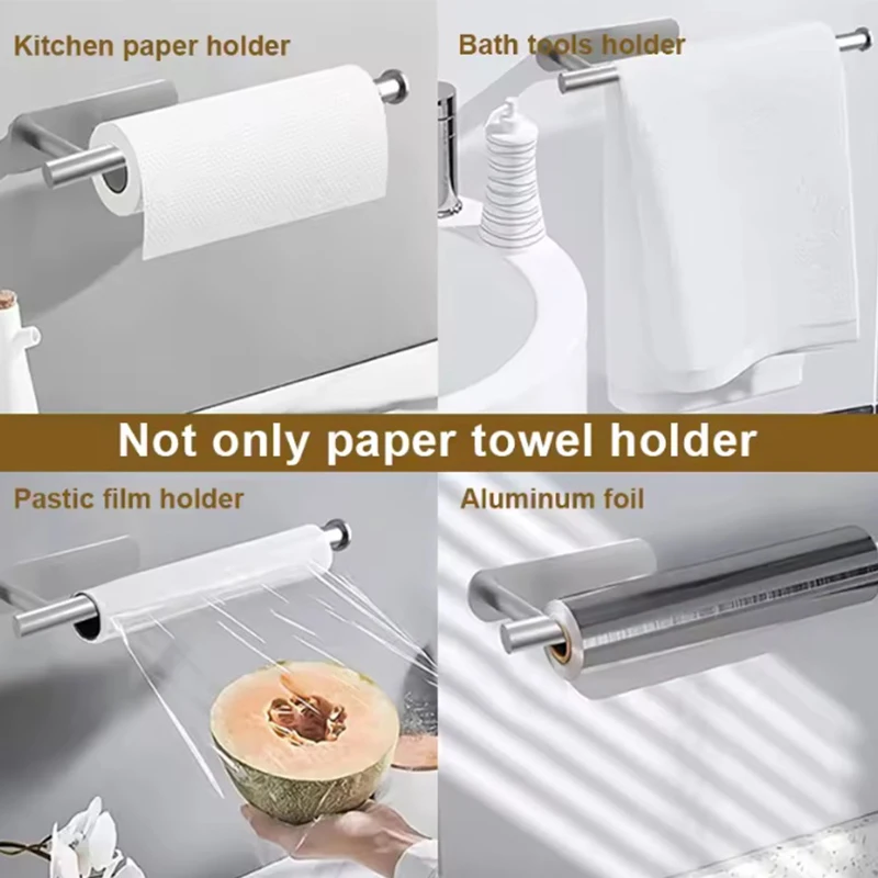 Stainless Steel Wall Mount Towel Rack Self Adhesive Tssue Holder Punch-free Roll Paper Holder Kitchen Hook Storage Holder