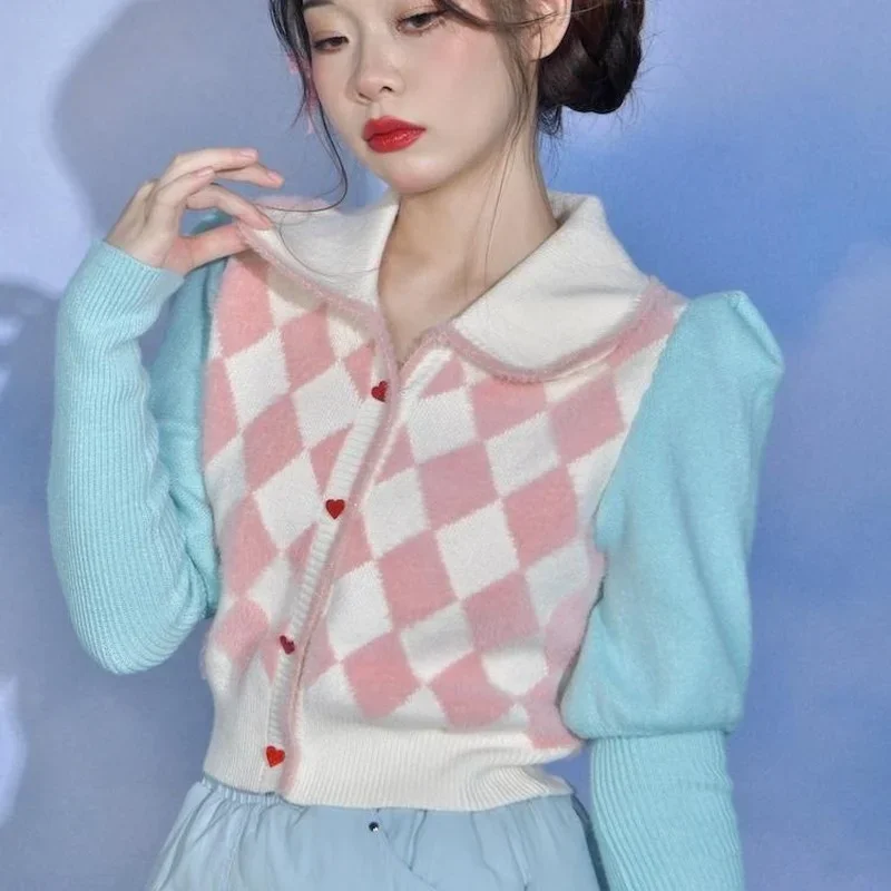 KOSAHIKI Preppy Style Crop Knit Cardigans Contrast Color Argyle Sweater Women Sweet Y2k Pull Femme Short Casual Coat Harajuku