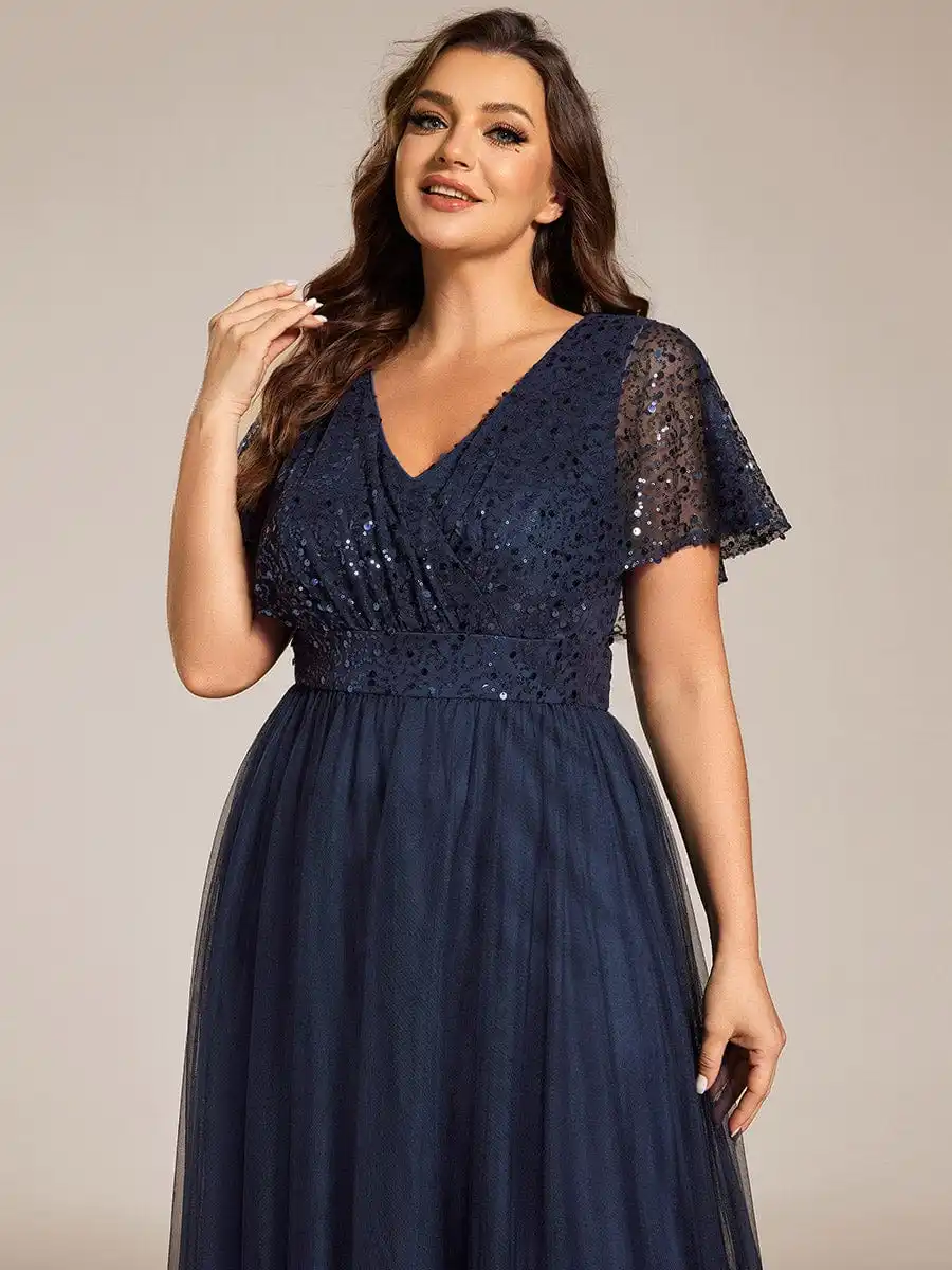 Ever azole-robe de soirée bleu marine, grande taille, col en V, manches courtes à volants, taille compromis, tulle, paillettes, robe de demoiselle d'honneur, 2024