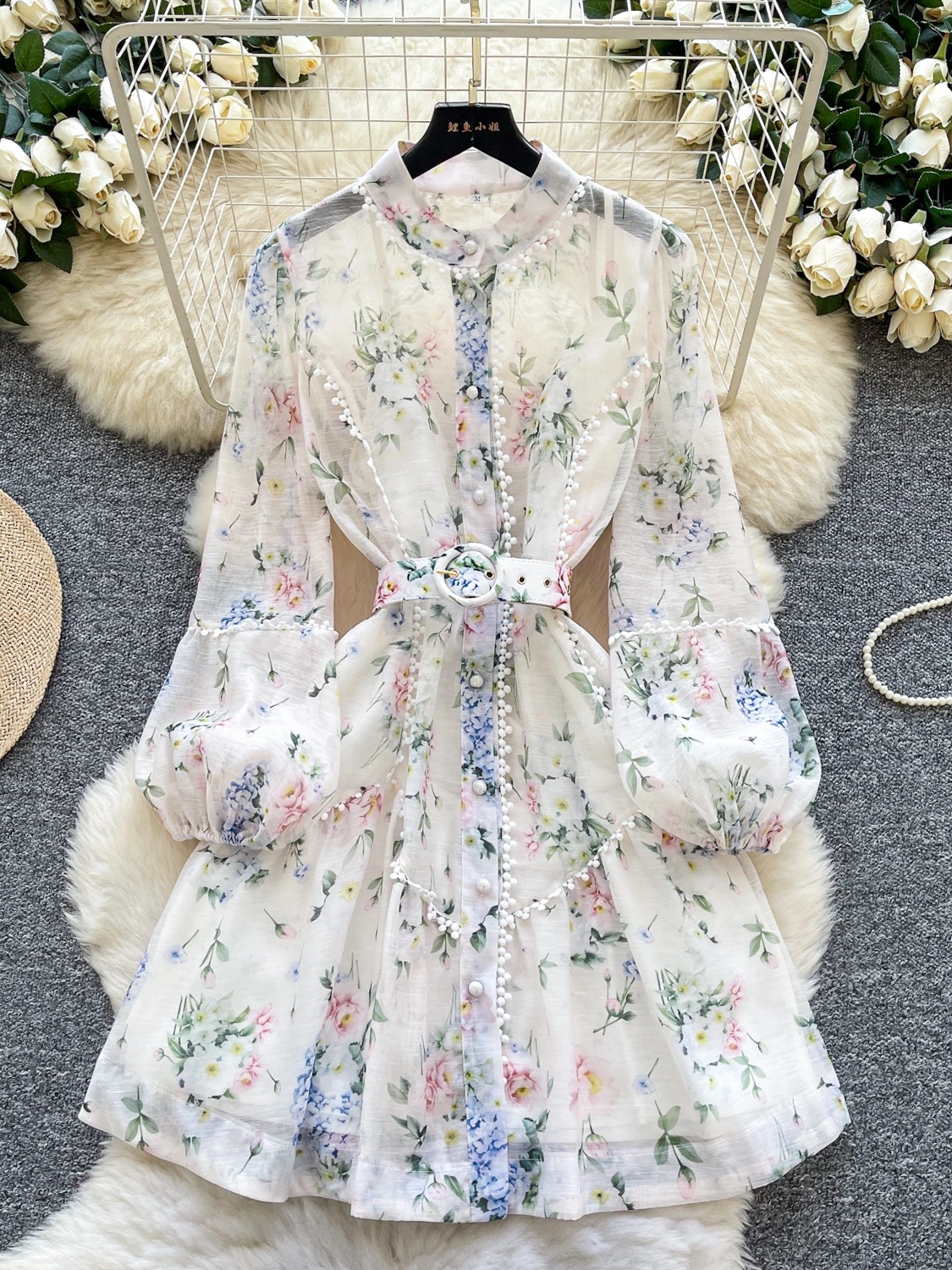 Sweet Style Floral Lace Women's Dress Pearl Button Waist Cinching A-Line Skirt Long Sleeve High Waist Polyester Fiber Summer ...