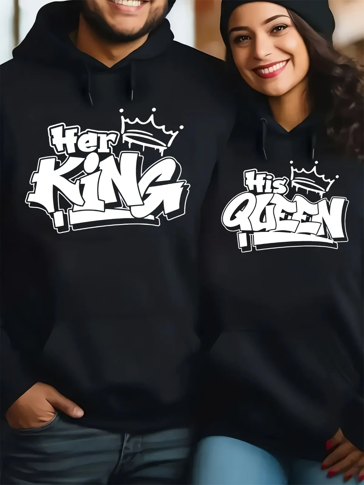 1 قطعة [نمط الزوجين] تصميم نمط طباعة الملك/له الملكة المتطابق مع هوديي زوجين مريح فضفاض هدية البلوز البلوز