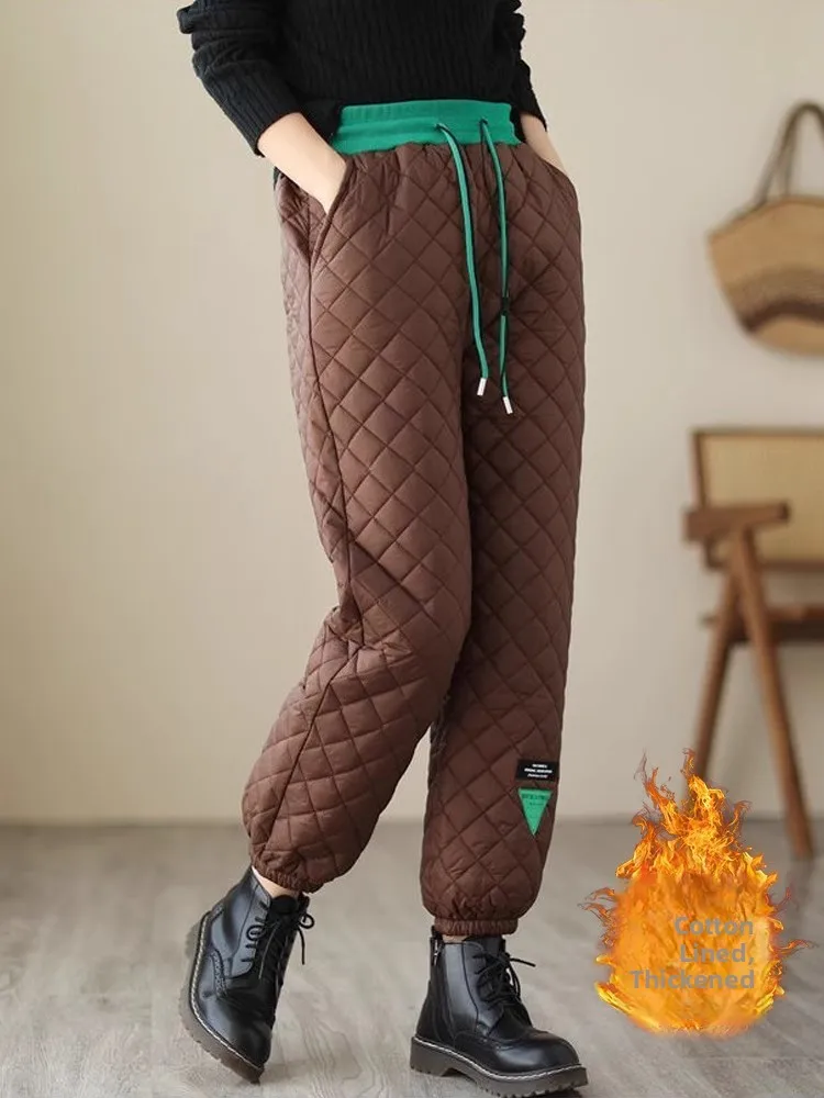

Thiened Diamond Pattern Cotton Pants Women's Autumn Spring Outerwear Elastic Waist Belt Loose Slim High Waist Cuffed Harem ...