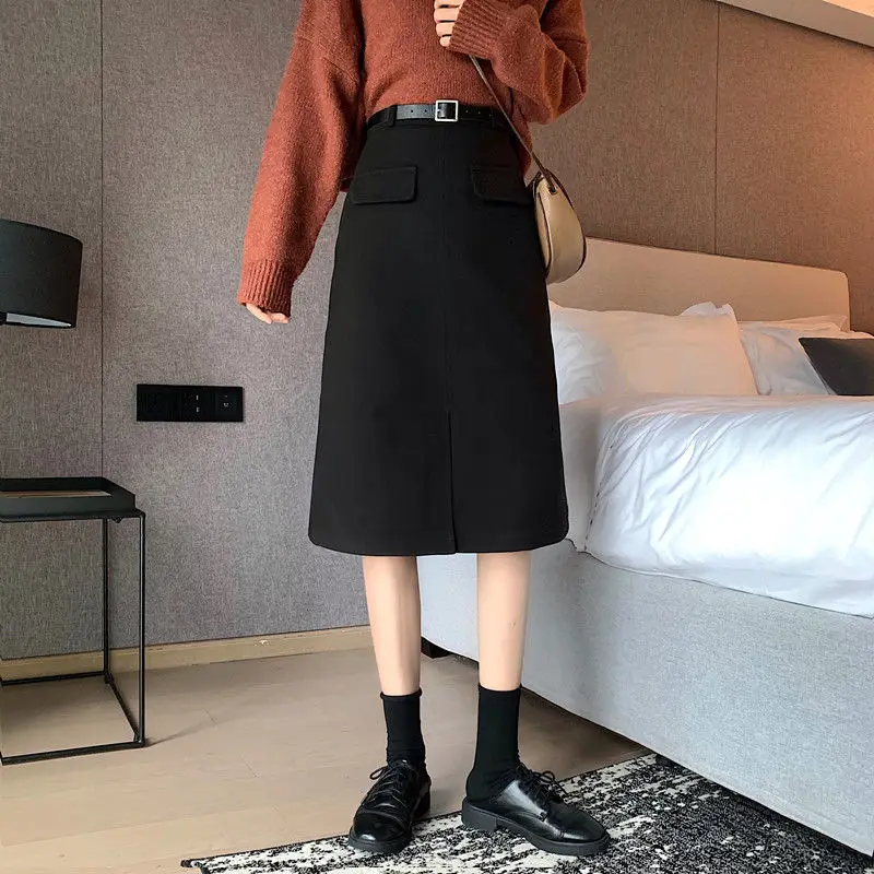 

2023 Autumn Winter Fashion Women Skirts Office Lady Loose Split Wrap Hip Skirts High Waist Slim Thicken Warm Knee Length Skirts