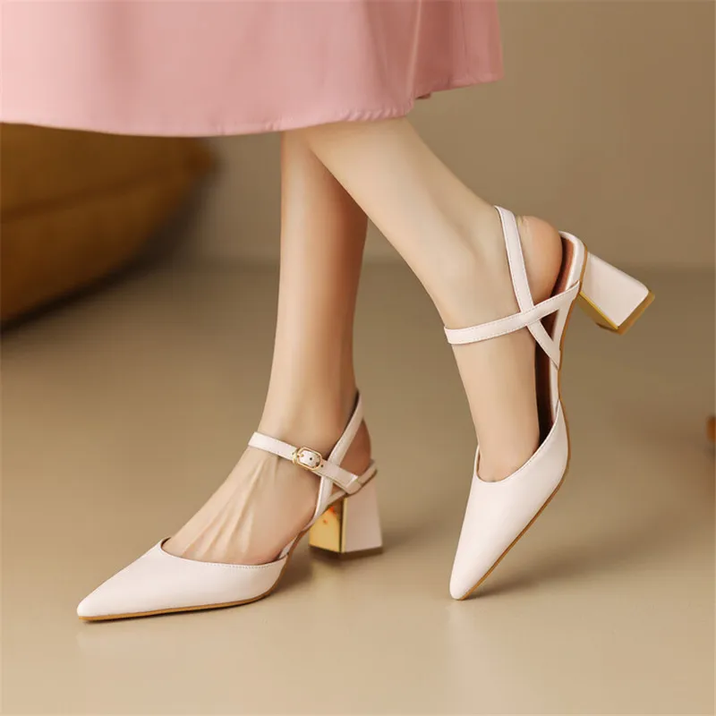 New Summer Sandals Sheep Suede Women Sandals Pointed Toe Back Strap Chunky Heel Shoes for Women Casual Shoes Zapatos De Mujer