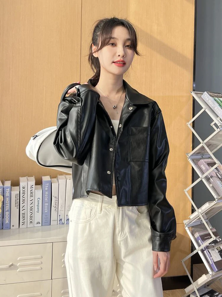 Jmprs Korean Cropped Women Pu Jackets Harajuku Vintage Black Faux Leather Moto Coats Casual Long Sleeve Pocket Autumn Winter Top