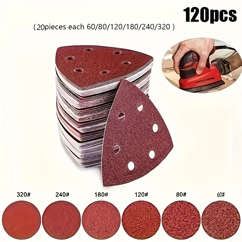 120Pcs Triangular Sanding Pads Set for Detail Sander Red Flocked 6-Hole Sandpaper for Wood Metal Polishing 60/80/120/180/240/320