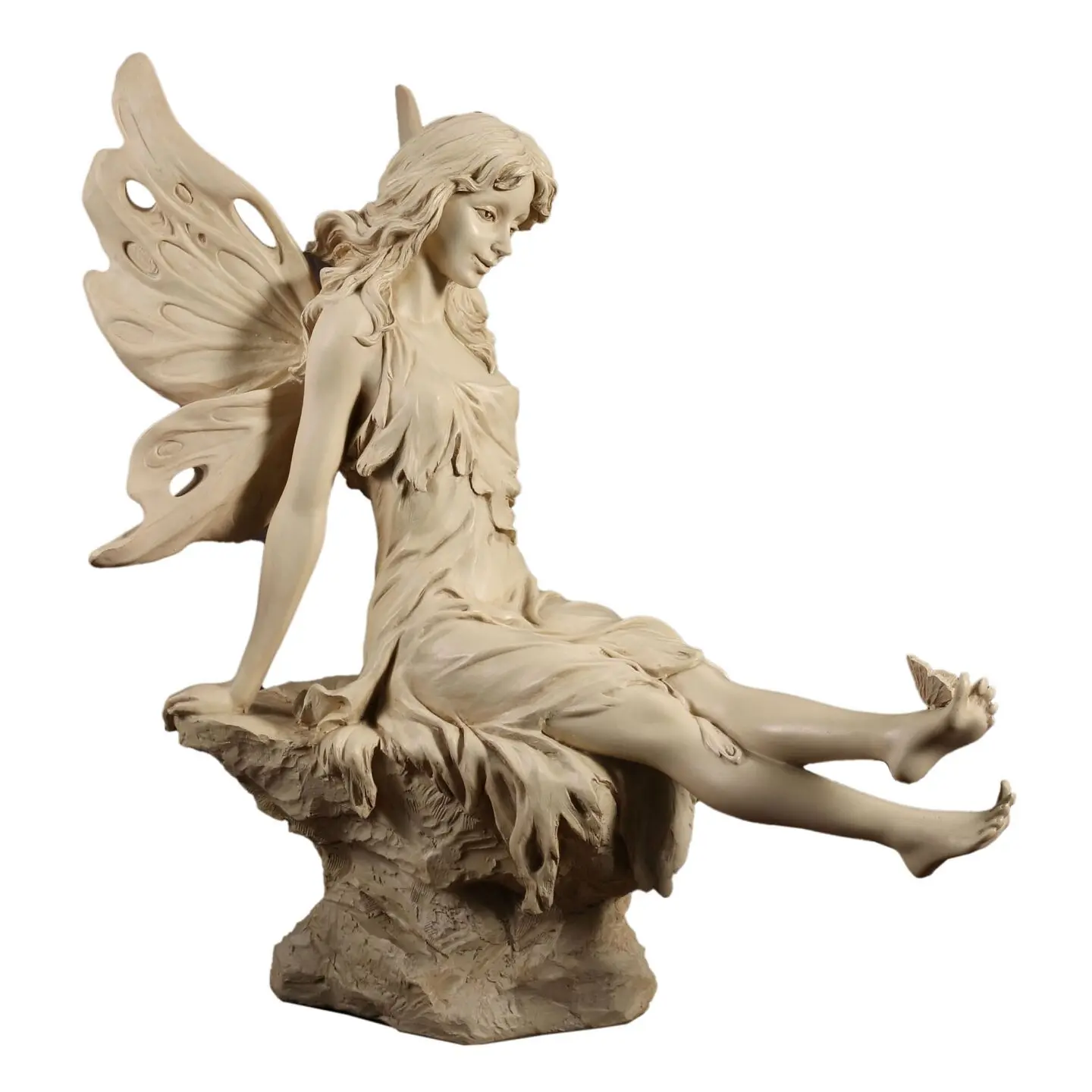 Vintage Winged Fairy Goddess Garden Statue Antique Stone Finish Sitting Elf Maiden Sculpture Outdoor Patio Home Decor Ornament