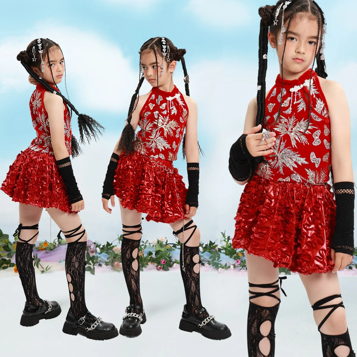 

Cheerleading Kpop Outfit Girls Jazz Dance Clothing Red Sequins Party Costume Stage Performance Suits Street Dancewear XS9491