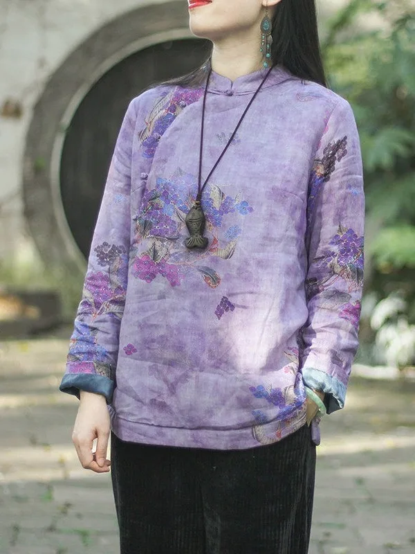 Artistic Style Women's Short Cotton Jacket 2026 Autumn Fashion Loose Fit Warm Fleece Printed Button up Zen Style Top
