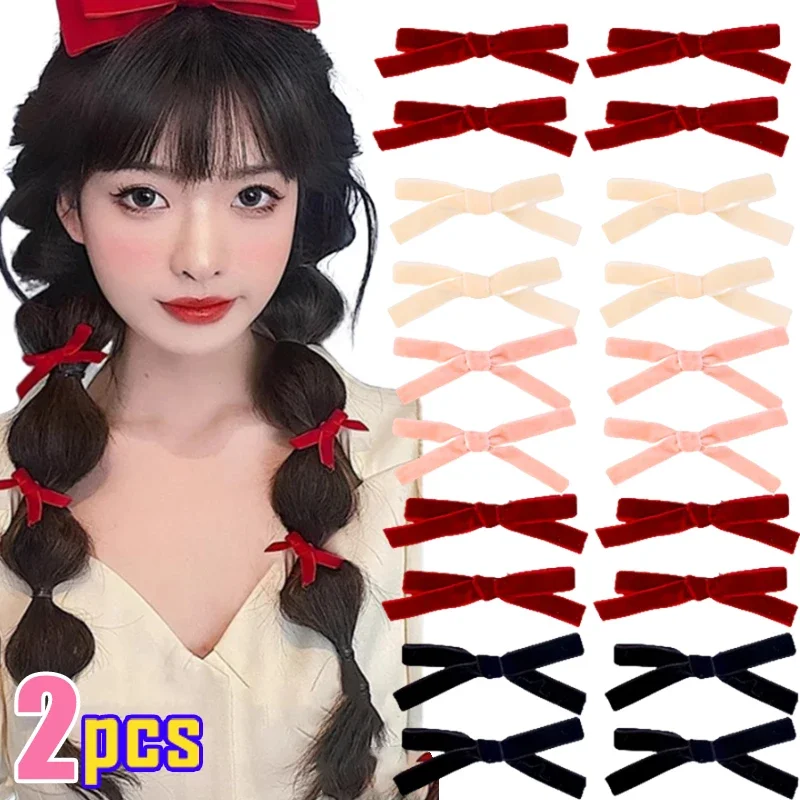 2PCS Colorful Velvet Bow Hairpin Hairgrip Hair Clips for Women Girls Kroean Kids Childs Vintage Crab for Gift Hair Accessories image 2