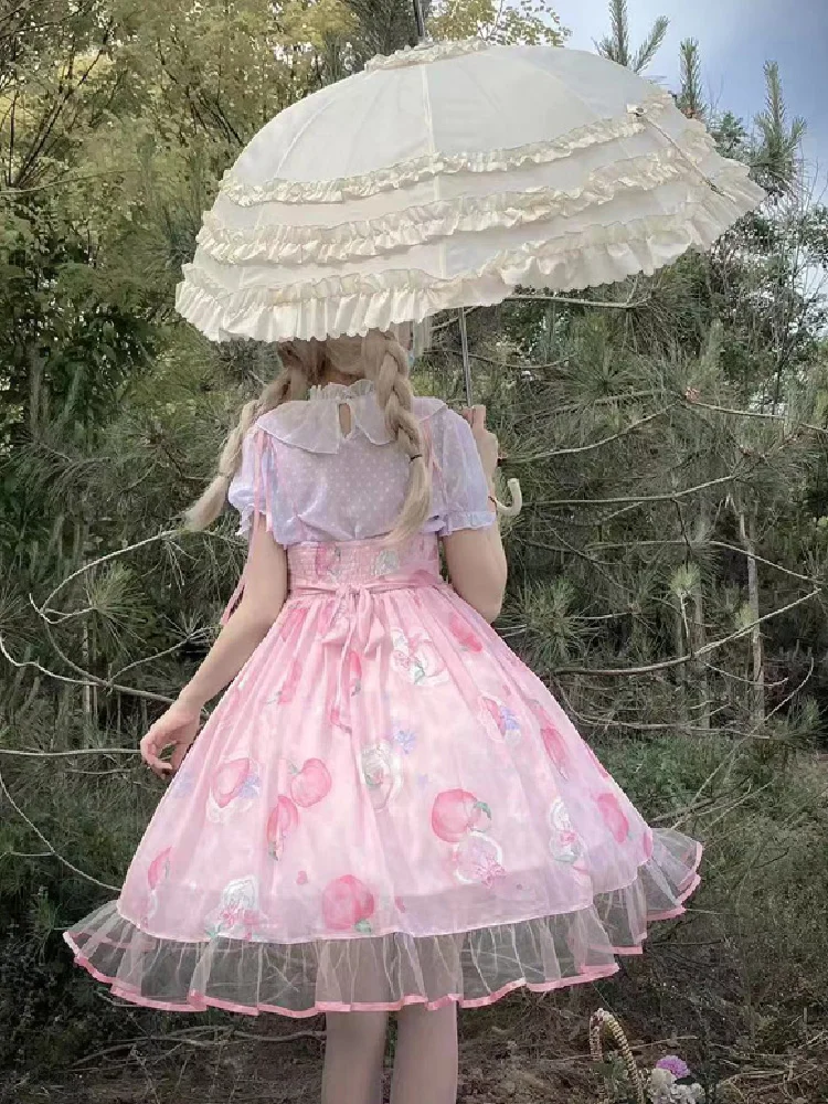 Japanese Sweet Kawaii Girl Original Design Lolita Style Women Dress 2022 Summer Peach Cute Cartoon Pictures Ladies Dress Female