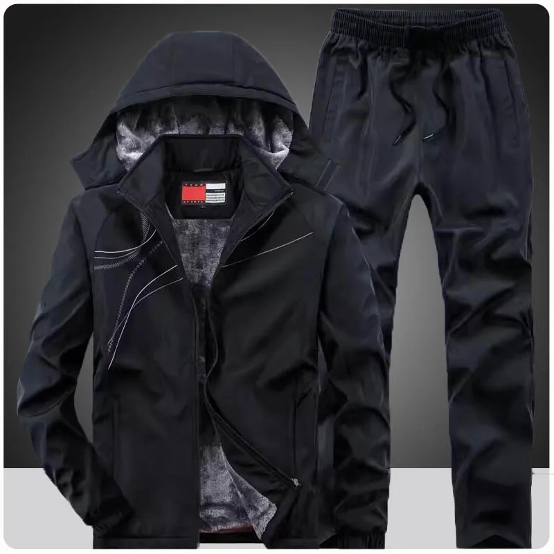 חליפות חורף גברים מגדיר קפוצ 'ון חם עבה צמר + טרנינג לגברים בגדי ספורט בגדי ספורט בגדי גברים