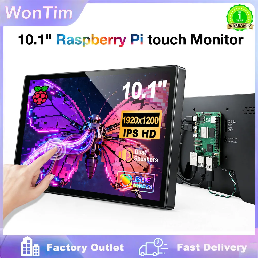 WonTim 10.1 inch Raspberry Pi 5 4 Monitor LCD Dispaly 1920x1200 16:10 Touch Screen HDMI USB for DIY Pi 4 3 Built in Fans Speaker