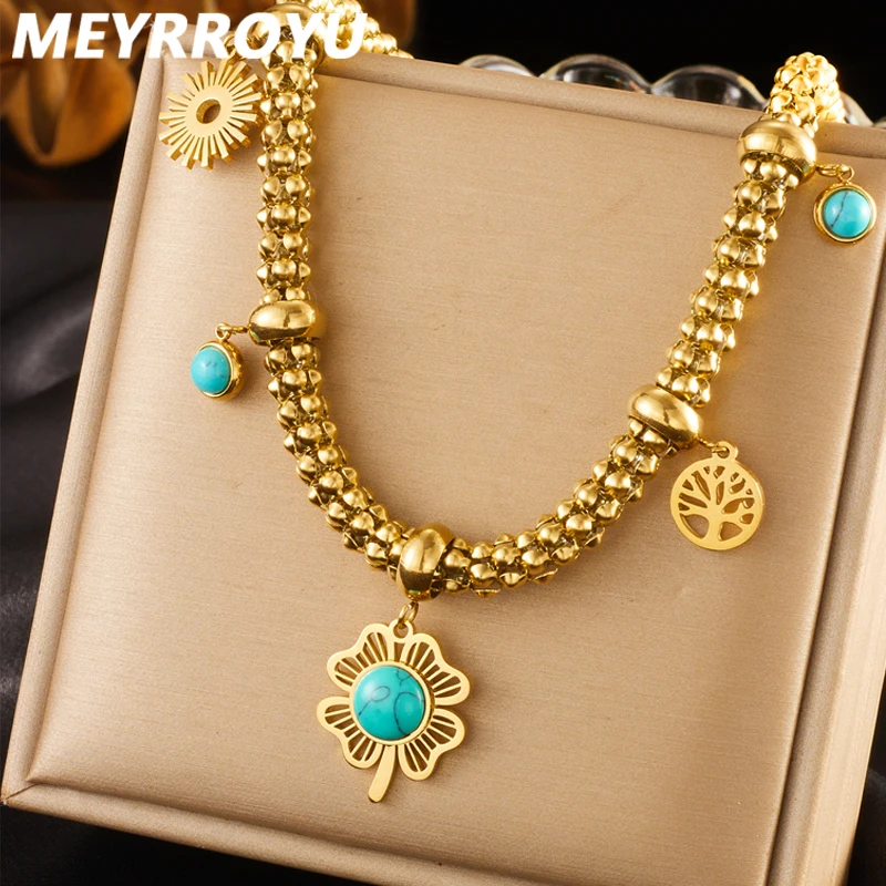 MEYRROYU 316L Stainless Steel Oval Turquoise Necklace For Women Girl 2024 New Trend Golden Flowers Chain Waterproof Jewelry Gift