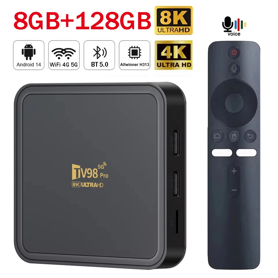 TV Box TV98 Pro Allwinner H313 Quad Core Android 14 8GB 128GB 8K 4G 5G Dual Wifi6 BT5.0 Set top box intelligente remoto vocale iptv