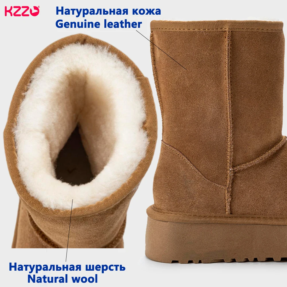 KZZO Women's Genuine Leather Sheepskin Snow Boots Mid-Calf Platform Natural Fur Lined Warm Winter Shoes Australian Style
