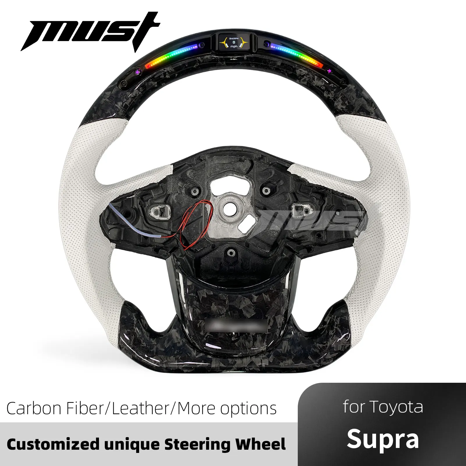 

Custom Black Forged Carbon Fiber Steering Wheel with White Leather Grips For Toyota GR Supra Coupe A90 A91 3.0 2.0 2018-2026