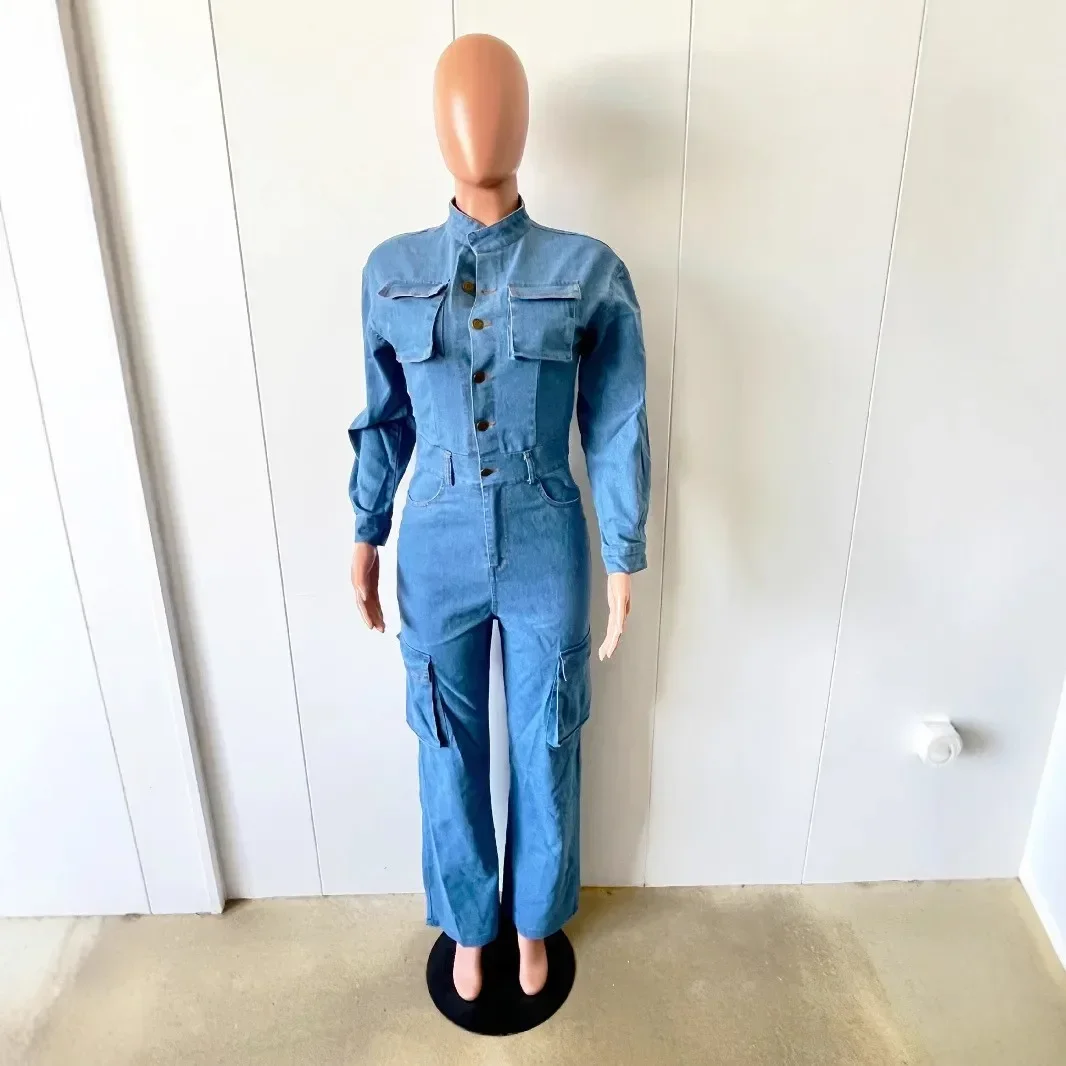 Zekye macacões femininos multi bolsos estiramento jeans carga macacão feminino turn down collar macacão feminino elegância