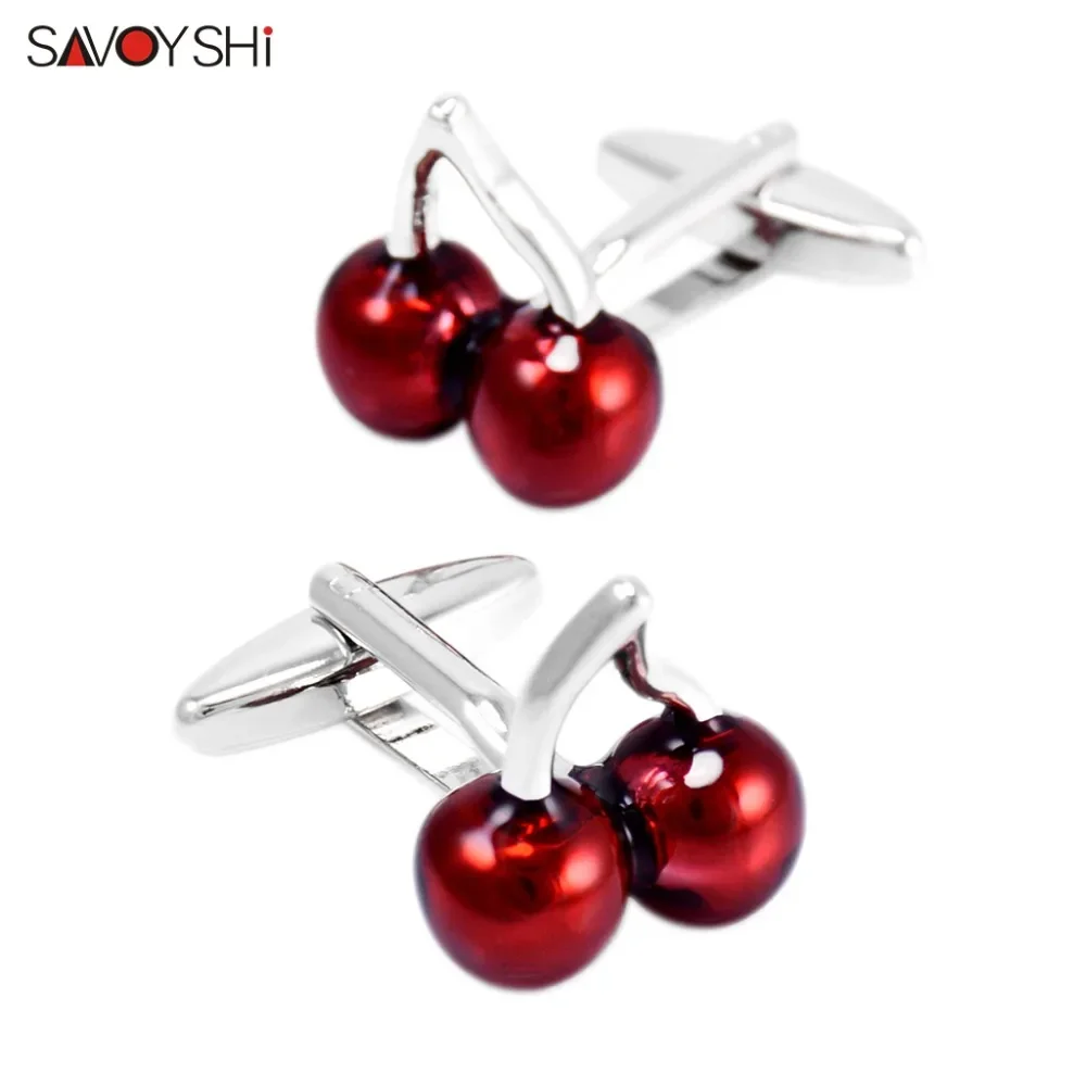 SAVOYSHI Red Enamel Cherry Cuff Link Mens Shirt Cufflinks High Quality Wedding Groom Gift Jewelry Free custom name