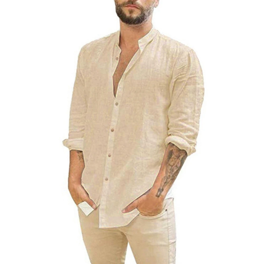 Cotton Linen Hot Sale Men\'s Long-Sleeved Shirts Summer Solid Color Stand-Up Collar Casual Beach Style Plus Size