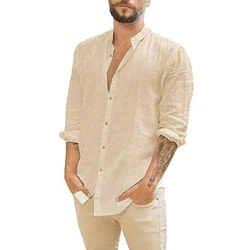 Cotton Linen Hot Sale Men's Long-Sleeved Shirts Summer Solid Color Stand-Up Collar Casual Beach Style Plus Size