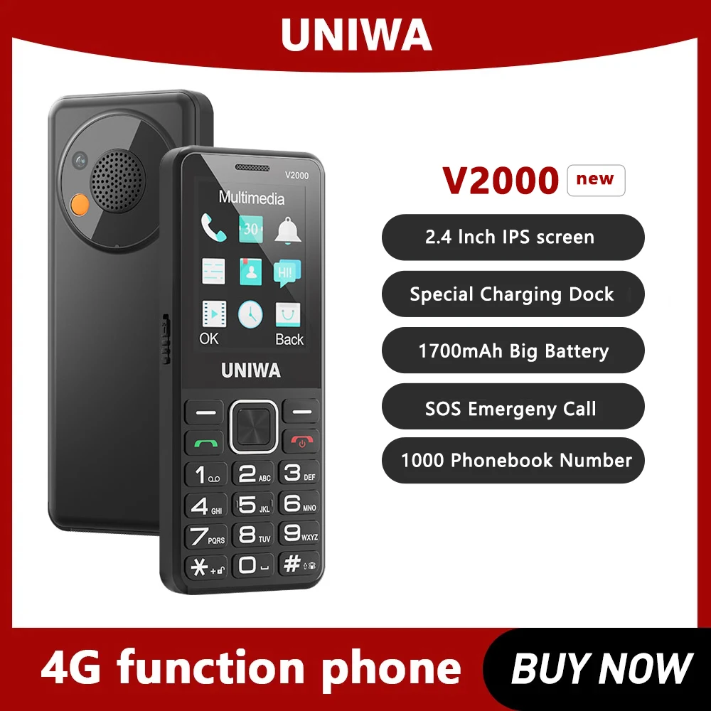 

UNIWA V2000 Big Push-Button 4G Phone Dual Screen 0.3MP Camera FM Radio Keyboard 1700mAh Cellphone Support one click dialing