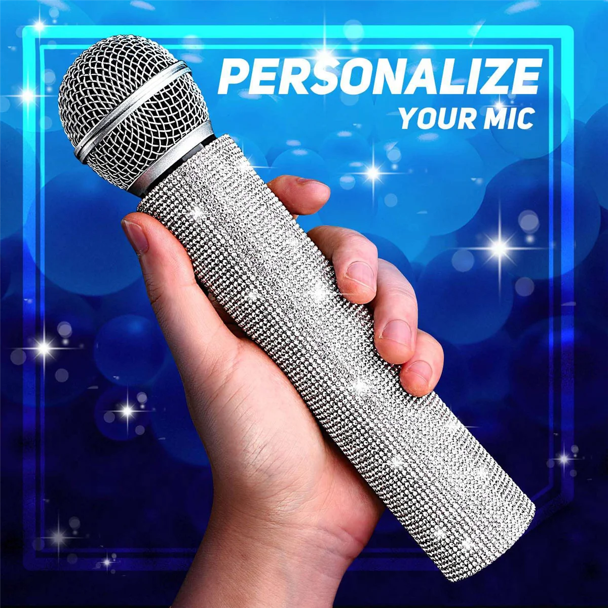 Mic Handle Cover,Sparkly Bling Rhinestones Mic Handle Sleeve for Party&TV Show,for Most Wireless Microphones, Silver