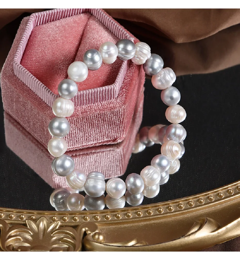 

Natural Pearl AAA 8-9mm South Sea Baroque White+Grey Multi Color Pearl Bracelet Elastic Rope Closed Bracelet 7.5-8inch