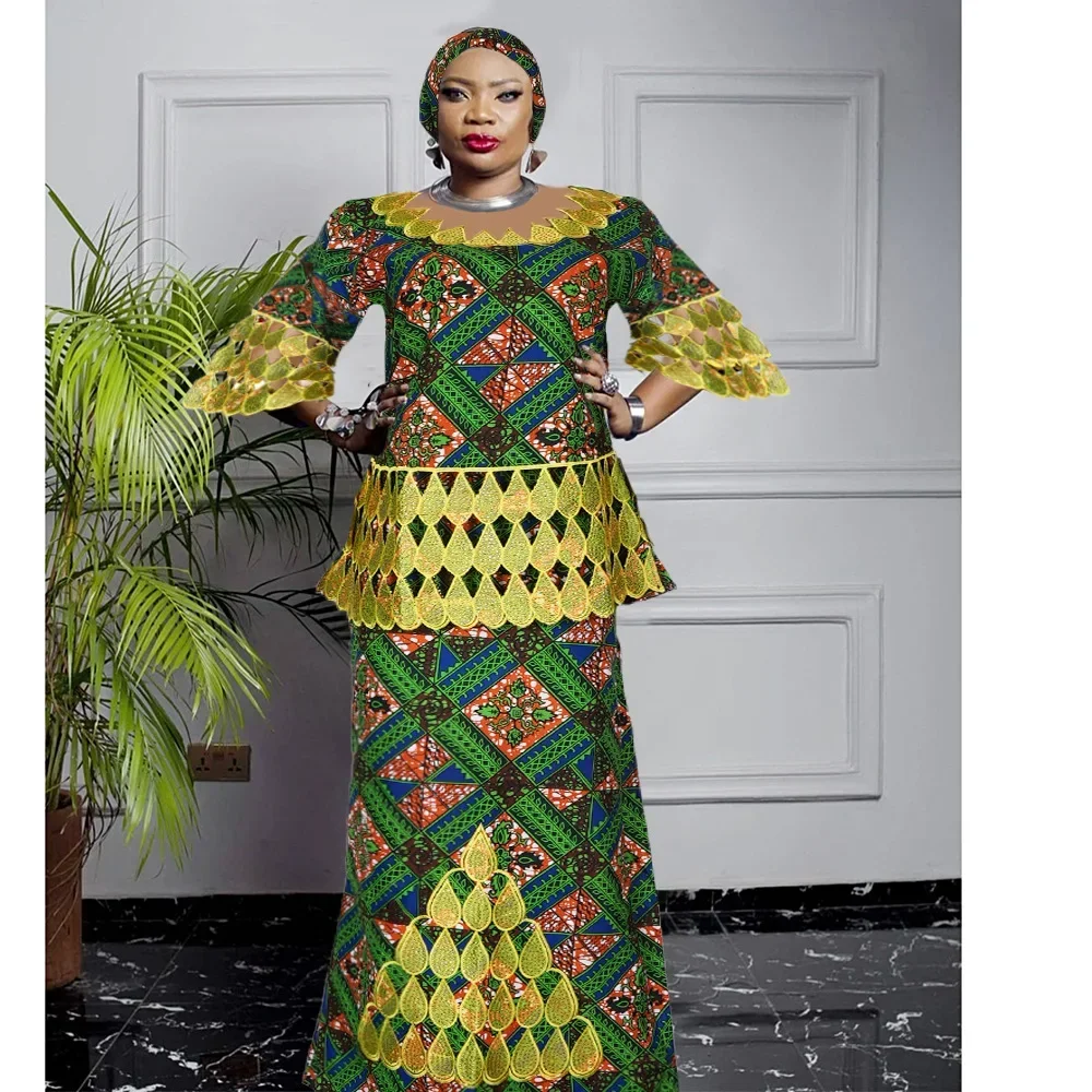 2024 With Headscarf Plus Size African Clothes for Women Dashiki Ankara Embroidery Wedding Party Evening Top Skirt Matching Sets