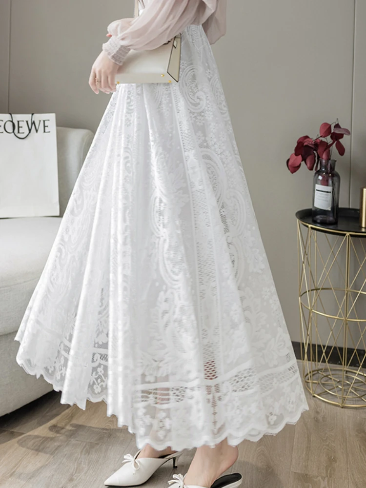 

Long Skirts Women Lace Design Elegant Baggy Casual French Style Elastic Waist Chic Streetwear All-match Falda Aesthetic Females