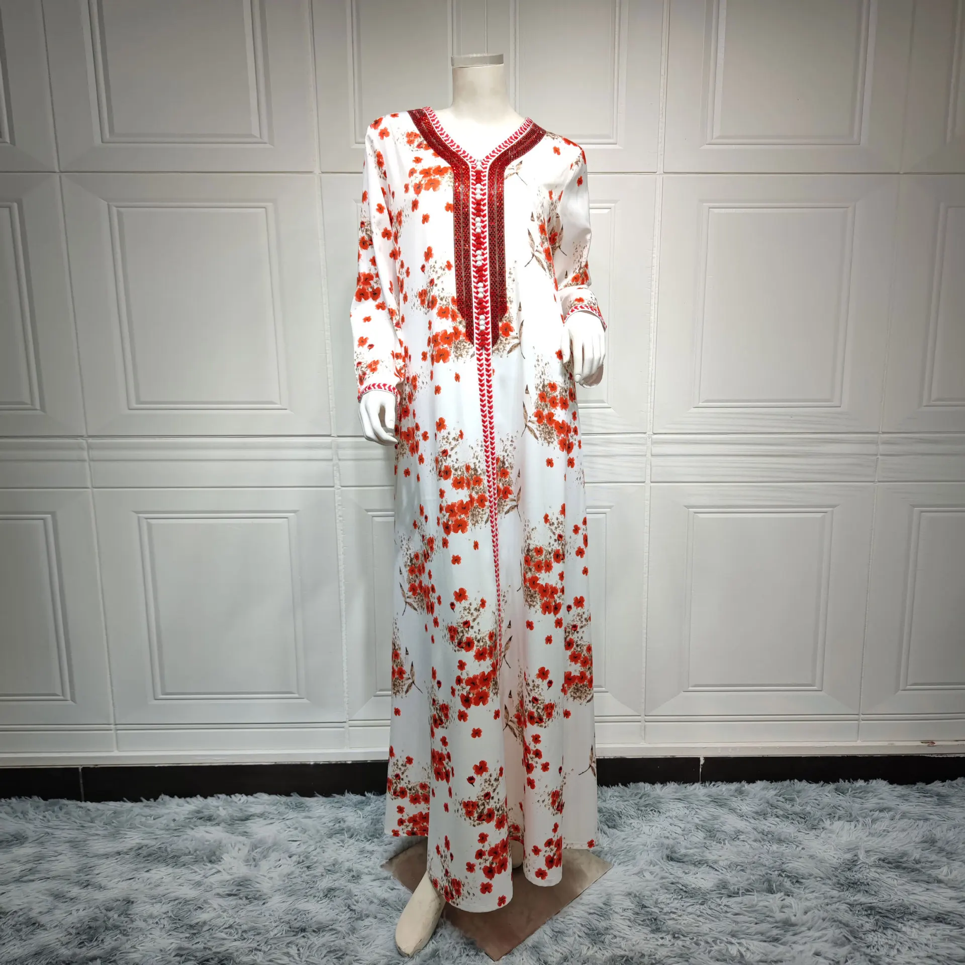 2022 spring Floral Print Muslim Abaya Dress Women diamond Dubai Arab Turkey Morocco Kaftan Islamic Clothing Gown Robe Vestido